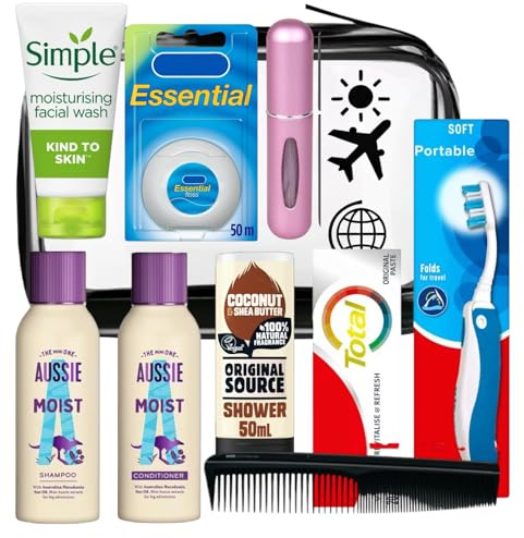 Women’s Essential Travel Toiletry Kit – TSA Approved Clear Bag with Shampoo, Conditioner, Coconut Shower Gel, Toothbrush & Case, Toothpaste, Facial Wash, Comb & Perfume Atomiser