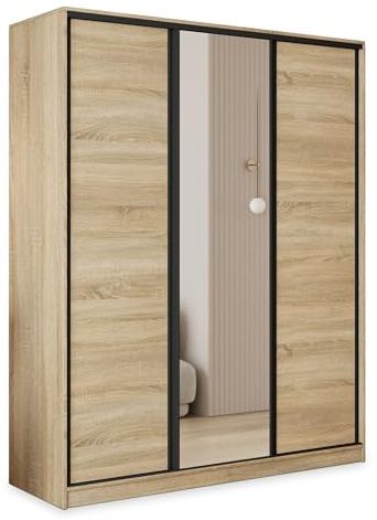 Masseno Schwebetürenschrank TARI 150/205/58 cm Kleiderschrank mit 4 Schubladen Schlafzimmer Schiebetürenschrank 3-türig mit Spiegel Sonoma Eiche