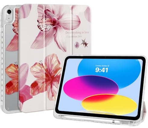 Fycyko Custodia per iPad (A16) 11a generazione 11 2025/10a generazione 2022, trasparente sul retro con portamatite e supporto trifold, custodia protettiva cute motivo ibisco giglio fiore rosa