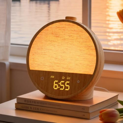 blonbar Réveil à lumière du jour, réveil avec lumière au lever du soleil, lampes de nuit avec 10 sons naturels et 10 sons blancs, lampe de table avec veilleuse d'ambiance RVB, réveil doux