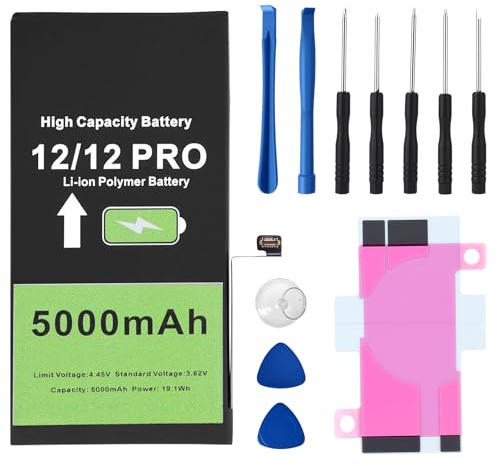 Batterie pour iPhone 12 Pro 5000mAh Haute Capacité Batterie de Remplacement avec Kits d'Outils de Réparation Complets pour A2341, A2406, A2407, A2408