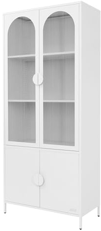 ML-Design Vitrinenschrank 80x185x40 cm aus Stahl, Weiß, Küchenschrank mit 4 Ablage-/Regalfächer & 4 Türen, Metall Vitrine Hochschrank Bücherschrank Aktenschrank, Aufbewahrungsschrank für Wohnzimmer