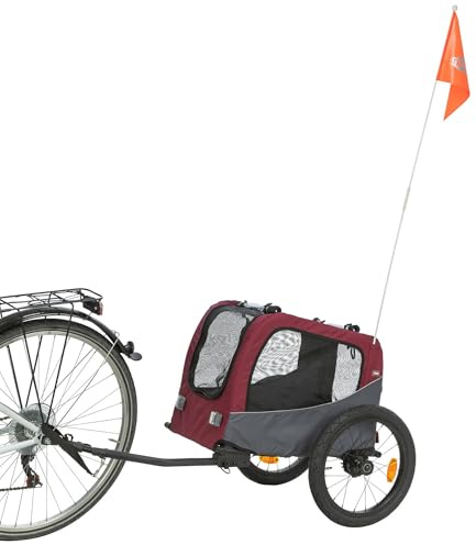 TRIXIE Hunde-Fahrradanhänger Gr. M bis 22 kg, 63 x 68 x 75 cm – grau & rot | Zusammenklappbar mit Fußbremse & Regenschutz – integrierte Kurzleine für sicheren Halt auf jeder Radtour