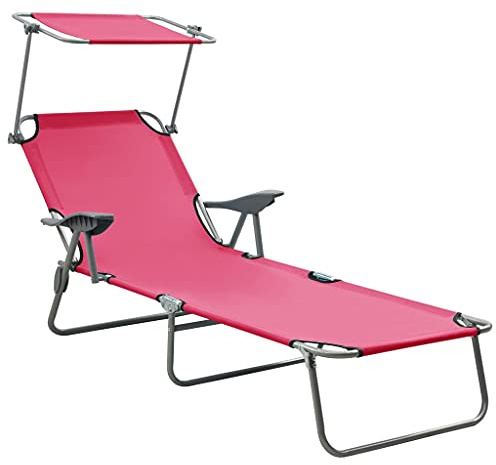 Kaloriko Chaise Longue Rose avec auvent en Acier Enduit, Pliable pour Jardin, terrasse, Plage, Dossier réglable, Fauteuil Relax inclinable, Bain de Soleil Confortable et Durable