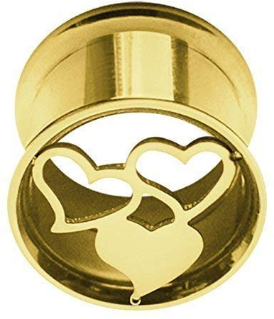 Ohr Piercing 316l Stahl Flesh Tunnel 18kt. vergoldet mit Herzen, in 12 mm
