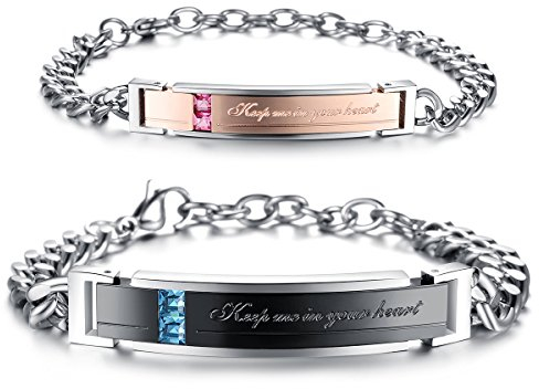 Cupimatch 2pcs Pärchen Armbänder, Panzerarmband mit Gravur Zirkonia Panzerkette Freundschaftsarmband Damen Herren Armreif, silber schwarz rosegold