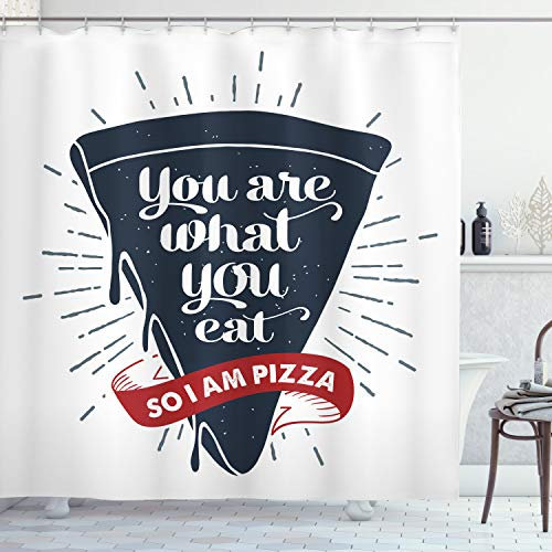 ABAKUHAUS Parole Divertenti Tenda da Doccia, Grunge Pizza Slice, Tessuto Set di Decorazioni per Il Bagno con Ganci, per la Vasca da Bagno, 175 cm x 200 cm, Blu Scuro Rosso e Grigio