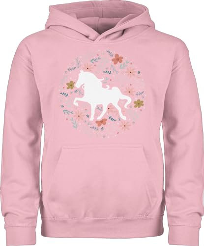 Kinder Hoodie Jungen Mädchen - Pferde - Pferd mit Blumen - 128 (7/8 Jahre) - Hellrosa - pferdepullies pferdepullover reiten horses pullover reitbekleidung reithoodies pferdeliebhaber tiermotiv