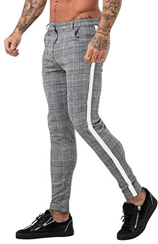 ORANDESIGNE Hommes Chino Slim Fit Rayé Casual Élastique Pantalon de Sport Décontracté pour Homme à Carreaux Coupe Slim Pantalons de Jogging D Blanc L