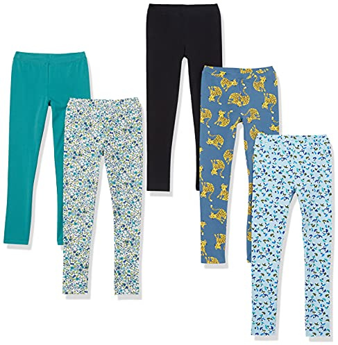 Amazon Essentials Legging Fille, Lot de 5, Blanc Fleuri/Bleu Imprimé Feuilles/Indigo Gros Chats/Noir/Vert Turquoise, 7-8 ans