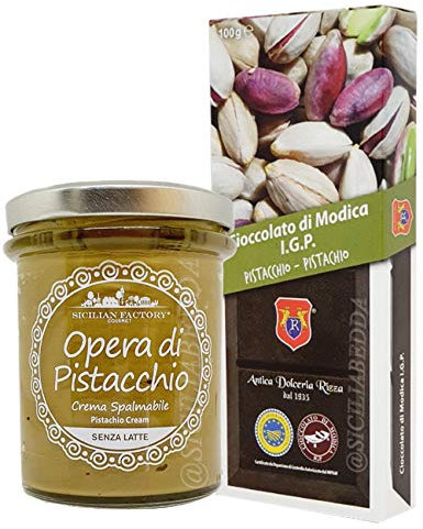 Sicilia Bedda - Crema di Pistacchio 220 Gr. con Cioccolata di Modica IGP al Pistacchio Gr. 100 - Prodotti Senza Glutine, Senza Lattosio e Vegani (1 Crema con 1 Cioccolata)