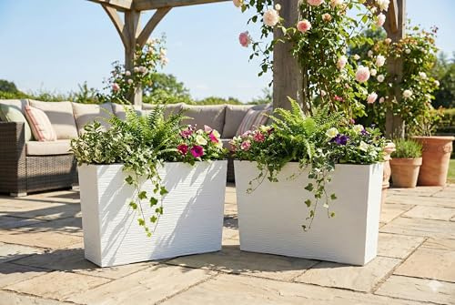 GORDANLUK Tall Rectangular Textured Planter with Removable Liner – 56cm Long Trough Planter for Indoor & Outdoor Use | Large Window Box Planter | Self Watering | UV-Resistant Polypropylene (White)