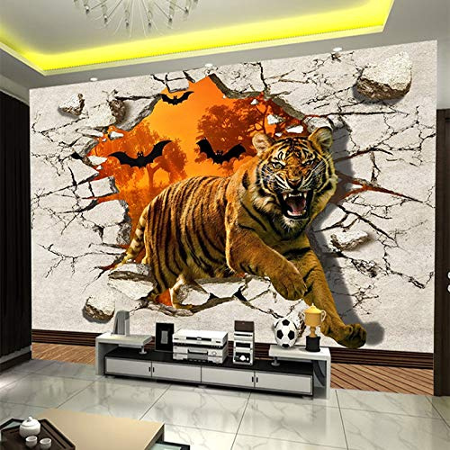 HGFHGD Self-Adhesive 3D Mural Wallpaper Wall Painting Tiger Broken Wall Creative Living Room TV Background Photo Wall Sticker Wall Art