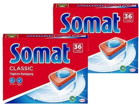 Somat Classic Geschirrspül Tabs, 72 (2 x36) Tabs, M Pack, Unparfümiert, Tablette, Geschirrspülmittel, für die tägliche Reinigung von Besteck und Geschirr, mit Extra-Kraft und Schutz vor Glaskorrosion
