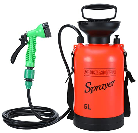 SearQ Portable Camping Shower with 7 Spray Modes, 1.3 Gallon Hand Press Shower with Removable Hose and Head, 5L Pressure Rinse Kit for Hiking, Travel, Garden, Beach, Pet
