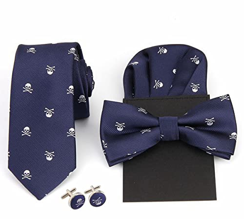 WANYING Herren 6cm Krawatte & Gebundene Fliege & Einstecktuch & Manschettenknöpfe 4 in 1 Set Yuppie Trendmode Casual Cool - Totenkopf Pattern Dunkelblau