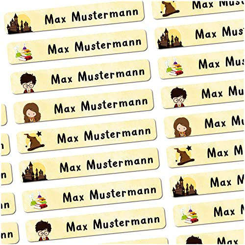 72 Stück personalisierte Namensaufkleber für Schulsache. Für Kinder Schule und Kindergarten zum Markieren von Gegenständen (Zauberer) Maße 4,9 x 0,75cm