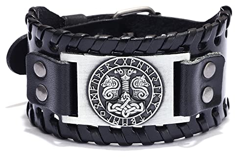 Mayting Thor's Hammer Leather Bracelet, Mjolnir Viking Nordic Runes Cuff Wide Wristband Celtic Knot Cuff Bangles Adjustable Bracelet for Men Women (A)