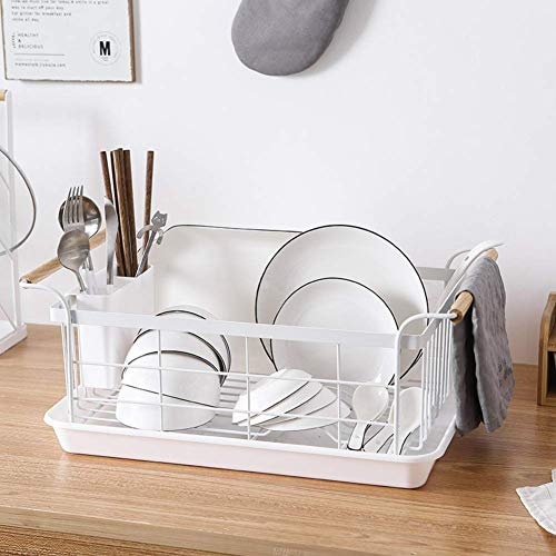 ZJYWMM Escurridor De Platos con Mango De Madera Y Escurridor Extraíble,escurridor De Platos Moderno con Soporte para Utensilios Organizador De Vajilla para Fregadero De Cocina Blanco 48cm