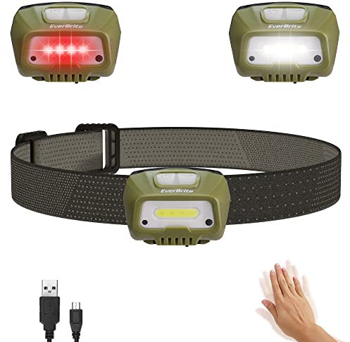 EverBrite Linterna Frontal LED USB Recargable, Linternas Cabeza 300 Lúmenes, 4 Modos, Impermeable,45°Ajustable,Sensor Inteligente,Lampára de Cabeza Ideal para Correr, Acampar, Cenderism- Verde