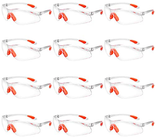 MINSHUXI 12er Schutzbrillen Transparent Laborbrille Arbeitsschutzbrille Industriebrille mit Gummi-Nasenpad Gegen Staub Holzspänen Erwachsene Sicherheitsbrille für Garten Haussanierung Baustelle