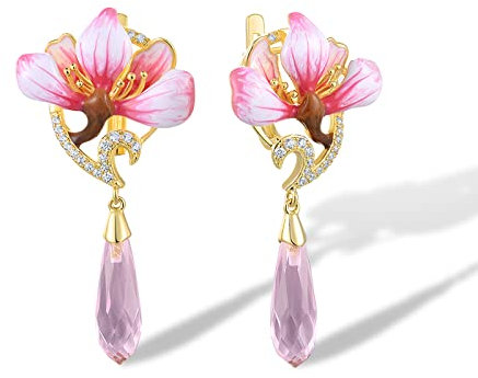 Santuzza 925 Sterling Silver Orchid Earrings Pink Glass Cubic Zirconia Handmade Enamel Pink Flower Dangle Earrings for Women