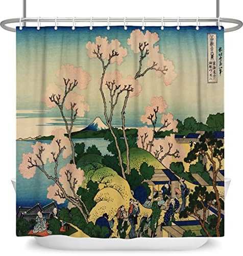SDOTPMT 122x183cm Japonais Paysage Rideau de Douche Cerise Fleur Ukiyo-e Kanagawa Mont Fuji Orient Traditionnel Ethnique Animé pour Salle de Bains Polyester avec Crochets