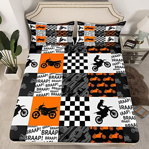 Dirt Bike Bettwäsche-Set, volle Größe, Rennmotorcross-Fahrer, Spannbetttuch, Schwarz/Grau/Orange, kariert, Patchwork, tiefes Taschenlaken, 3-teilig, für Kinder, Jungen, Teenager, Herren,