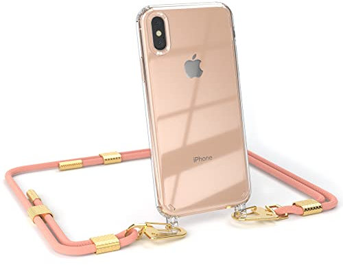 EAZY CASE - kombinierbare Handyketten kompatibel mit iPhone X/XS, Transparente Silikon-Hülle mit stylischen Umhängeband, Abnehmbarer Karabiner, Hülle mit Band, Handykordel, Korall - Clips Gold