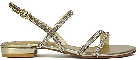 ESSEX GLAM Womens Flat Summer Sandals Ladies Strappy Slingback Diamante Embellished Low Heel Sparkly Holiday Shoes