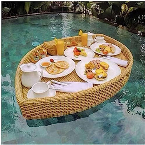 CGLYYDS Rattan Gewebtes Serviertablett, Essenstablett mit Griffen,Schwimmender Getränkehalter für Pool,stilvolles Frühstückstablett auf dem Wasser,Beige
