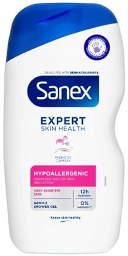 Sanex Expert Skin Health Hypoallergenic | Prebiotic Complex | For Very Sensitive Skin | 12-Hour Hydration | Gentle Shower Gel | 0% Sulphates | Developed with Dermatologists | 415 ml 2 Pack