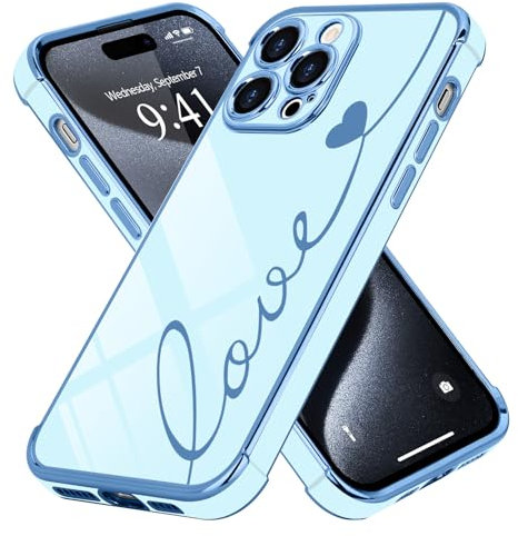 LCHULLE Compatible with iPhone 15 Pro Max Case for Women Girls,Cute Luxury Plating Love Heart Design Soft TPU Cover Shockproof Full Camera Lens Protection Phone Case for iPhone 15 Pro Max,Blue