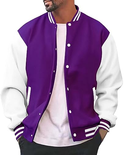 OBiQuzz Veste universitaire pour homme - Veste bomber oldschool pour homme - Mode demi-saison - Coupe droite - Col montant - Veste de baseball - Veste de sport avec poches - Veste légère, lilas, M