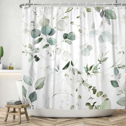 ASDCXZ Blätter Duschvorhang 180x220 cm, Frühling Handgemalt Einfachheit Grün Eukalyptusblätter Weiß Bad Waschbar Duschvorhänge Polyester Textil Wasserdicht Badevorhang für Badewanne mit 12 Haken