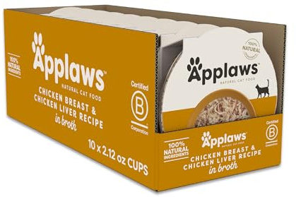 Applaws Natural Wet Cat Food in Broth, Limited and Natural Ingredients, High Protein with No Artificial Additives, Chicken Breast & Chicken Liver in Broth (10 x 2.12 oz Easy-Open Cups)