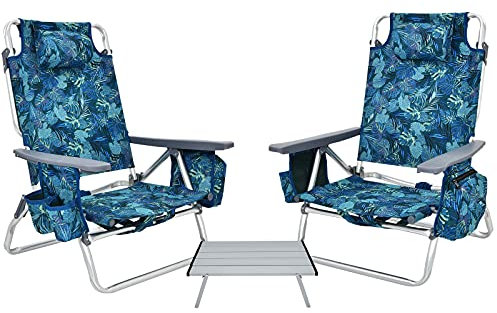 GIANTEX Sillas Plegables de Playa con Mesita Auxiliar, Respaldo Ajustable en 5 Niveles, Bolsillos Laterales y Reposacabezas, Sillas Portátiles para Camping, Pesca (Azul Marino)