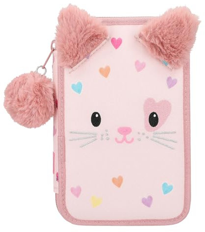 Depesche 12803 Princess Mimi Kitty Love - Gefüllte 2-Fach Federtasche mit Katzen-Gesicht, Rosa Federmappe mit Buntstiften, Lineal, Schere uvm.