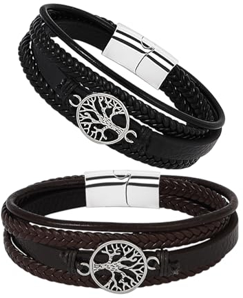 MILAKOO 2 Stück Herren Armband PU Lerder Armreif Schwarz Braun Lebensbaum Mehrschichtig Geflochten mit Magnetverschluss Geschenk für Papa Sohn