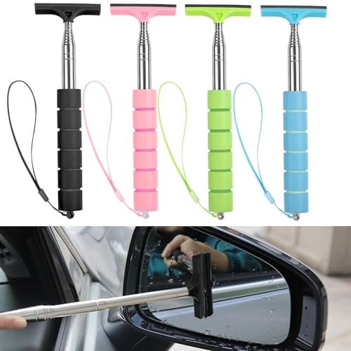 4pcs Car Side Mirror Squeegee, Retractable Car Rearview Mirror Wiper Mini Car Mirror Scraper Cleaner Cleaning Tool Vehicle Accessories for Car Windows Rainy Foggy Weather(Black, Green, Pink, Blue)