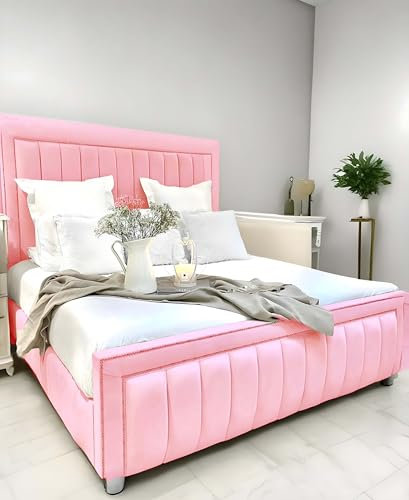 Divan Beds Deals - Pink Ottoman Storage Bed | 4FT Small Double Bed with Vertical Line Headboard 48 & Footboard 20 | Luxury Bed Base with Memory Foam Spring Mattress