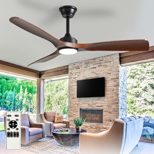 BvenuBigLite Outdoor Ceiling Fan with Light: 52 Inch 3 Blade Outdoor Fans for Patios - Modern Walnut Ceiling Fan with Dimmable Light Remote APP Control Ultra Quiet Reversible DC Motor Timer