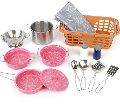 Veitch fairytales Dinette Enfant Ustensile et Accessoire Cuisine Enfant Jouet Ensemble de Casserole en Métal Coloré Cadeau 3 4 5 6 7 8 Ans (Nouveau Rose)