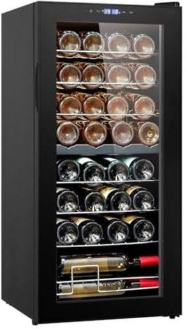 VEVOR Cantinetta per Vini Portabottiglie Capienza 32 Bottiglie, Frigo per Vini Doppia Zona Doppia Temperatura, Conservazione di Vini Rossi e Bianchi, Porta in Vetro Temperato con Protezione UV
