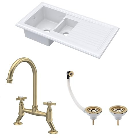 Balterley Ceramic Kitchen Sink with Drainer, Tap, Waste with Overflow, 101cm Inset Counter Top, 1.5 Double Bowl Fireclay White Sink with Bridge Crosshead Tap, Reversible Sinks (White/Brushed Brass)
