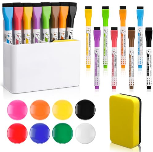 Vyuwast 18 Stück Whiteboard Zubehör Set, 1x Magnetischer Stiftehalter, 8 x Whiteboard Stifte, 8 x Magnete für Magnettafel Bunt und 1x Whiteboard Schwamm, für Schule, Büro, Whiteboard, Kühlschrank