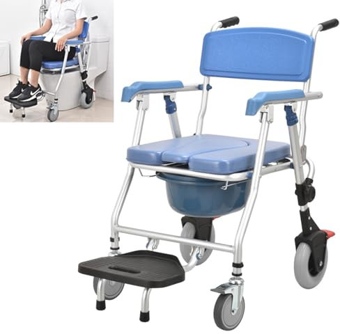 Generico Sedia Comoda WC per Anziani, Sedia Doccia Disabili con Ruote, Multifunzione Sedia a Rotelle Doccia Pieghevole con Braccioli, Carrozzina Doccia per Disabili e Anziani con WC