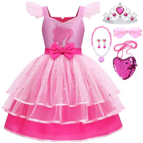 Snyemio Vestito Principessa Rosa Bambina Costume Travestimento con Accessori per Natale Carnevale Compleanno Festa