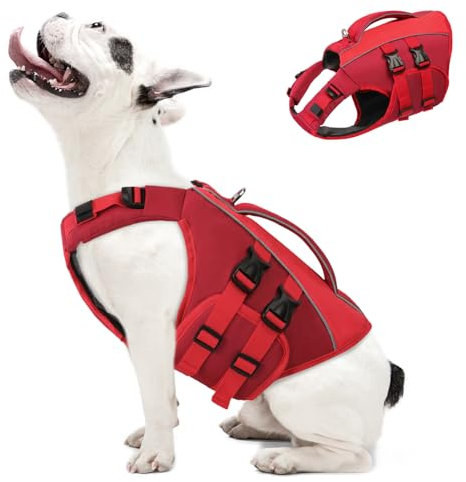 Queenmore Hunde Schwimmweste, Schwimmweste Hund Mittel, Verstellbar Hundeschwimmweste,Rettungsweste Mit Griff, Dackel Schwimmweste Französische Bulldogge,Bootfahren Surfen kajak, Rot, M