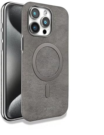 SEZQMA Lederhülle für iPhone 16 Pro Max, schlanke Hülle mit Magsafe, stark magnetisch und kabellosem Laden, robuste Schutzhülle 16 Promax Luxus Bumper Cover für Damen und Herren, Grau